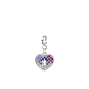 S925 sterling silver heart pendant with rainbow zircons and spring clasp closure