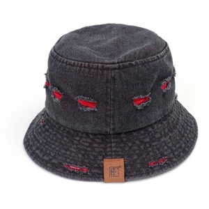 Deep grey acid wash denim bucket hat with distressed holes and red stitching details
