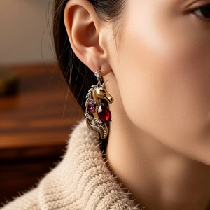Detail of vintage horse pendant earring with red stone and pavé crystals on model