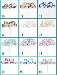 Detailed grid showing multi-color metallic Happy Birthday and Feliz Cumpleaños cake toppers