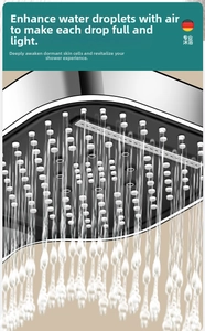 Detail of square pressurized shower head with chrome finish and silicon nozzles