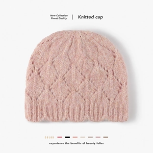 Women Autumn Winter Wool Blend Knit Beanie Thick Warm Diamond Jacquard Skull Cap Outdoor Casual Ribbed Cuff Beanie Hat