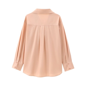 Elegant apricot satin long sleeve shirt with back pleat detail and silk texture finish