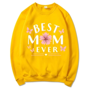 Yellow Mama Est 2025 hoodie with Best Mom Ever floral print and coquette bow design