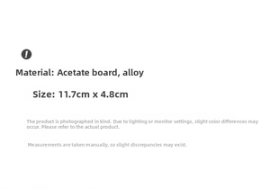 Detailed size chart showing 11.7cm by 4.8cm dimensions for acetate shark hair claw clip