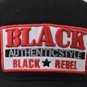 Black cotton baseball cap featuring detailed red and white Black Rebel embroidery
