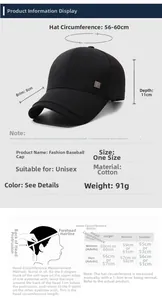 Detailed size chart for black cotton baseball cap showing 56-60cm head circumference
