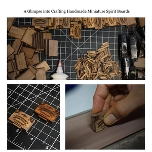 Detailed macro view of handmade miniature wooden spirit board with engraved letters
