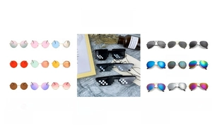 Variety of retro round, pixel mosaic, and classic aviator style sunglasses in a showcase