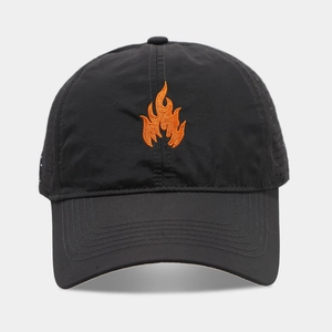 Mesh breathable quick-dry black baseball cap with orange flame embroidery for sports