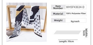 Detail view of printed polyester silk scarf with specifications 95cm by 5cm size