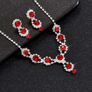 Elegant bridal jewelry set with red plum blossom crystal necklace and matching earrings