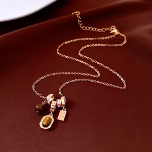 Vintage Tiger's Eye Pendant Necklace For Women Copper Jewelry With Zircon Multi Charm Sweater Chain Maillard Style