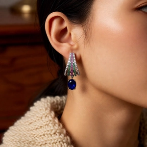 Macro detail of vintage silver drop earring with oval blue gemstone and colorful crystals