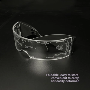Macro view of foldable cyberpunk LED glasses with technical etched patterns and clear lens