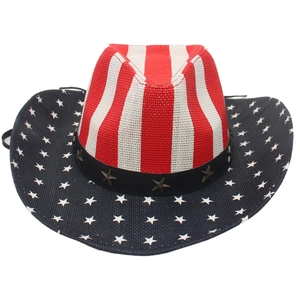 Close-up of star rivets on the American flag pattern denim cowboy hat with stitch detail