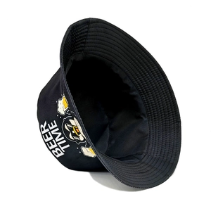 Black bucket hat with 'BEER TIME' penguin print shown from a 45-degree angle