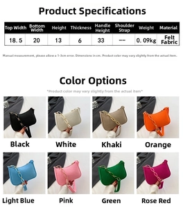 Size chart showing dimensions and colors for the felt shoulder bag and underarm purse