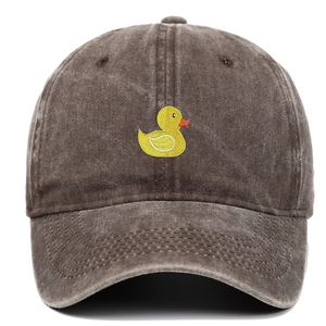 Close-up of yellow duck embroidery on vintage charcoal washed cotton baseball cap