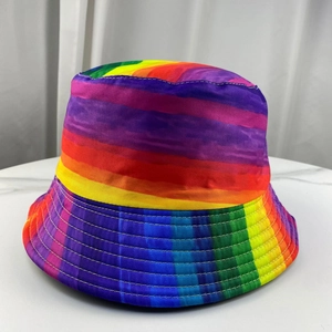 Detailed view of the rainbow striped fabric texture and parallel stitching on bucket hat