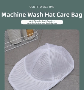 Macro shot of white fine mesh laundry bag for hats with zipper and protective frame