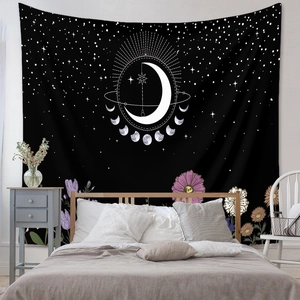 Bohemian moon phase tapestry with stars and flowers for bedroom wall decor
