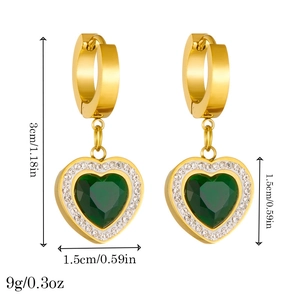 Golden stainless steel heart earrings with green gemstone and white crystals, 3cm length