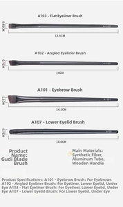 Detailed specs of fiber eyeliner and eyebrow brushes with A101 to A107 model measurements