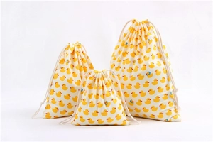 Lot de 3 sacs de rangement en coton à cordon avec imprimés canards jaunes