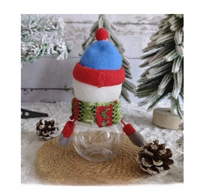 Detailed back view of a snowman Christmas candy jar with red hat and green scarf decor