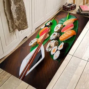 Détail d'un tapis de cuisine japonais avec impression 3D sushi sur sol en bois