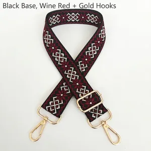 Close-up of ethnic geometric jacquard bag strap with gold metal hooks and wine red pattern
