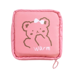 Pink fabric sanitary napkin pouch with cute cartoon bear and warm text on white background