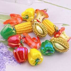 Colorful resin charms set featuring corn, pepper, shrimp and fruit shapes for DIY crafts