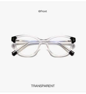 Front view of transparent anti-blue light glasses featuring black temple tips and metal core