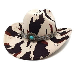 Western Cowboy Hat Polyester Felt Cow Leopard Print Wide Brim Ethnic Band Turquoise Accent Sun Shade Outdoor