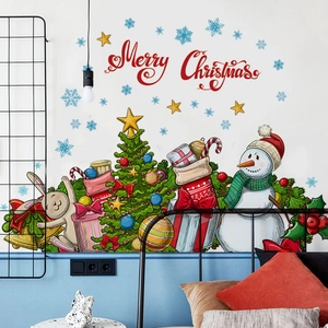 Christmas Wall Stickers Removable PVC Decals Cartoon Reindeer Snowman Merry Christmas Holiday Home Decor Living Room