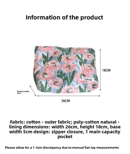 Floral cotton makeup bag with pink tulips and secure zipper closure, 26x18x5cm