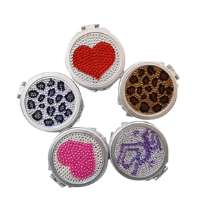 Compact folding double-sided makeup mirrors with rhinestone patterns and metal frames