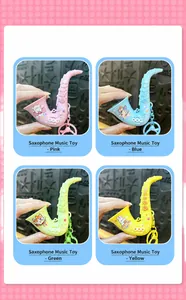 Detailed view of four colorful saxophone-shaped keychains in pink, blue, green, and yellow