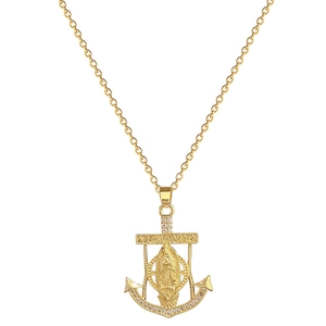 Gold plated titanium steel anchor necklace with Virgin Mary pendant and sparkling crystals