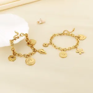 Gold Plated Stainless Steel Charm Bracelet Summer Beach Ocean Shell Wave Heart Flower Pendant Fashion Jewelry For Women
