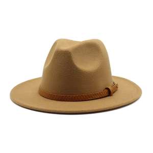 Detail of camel wool fedora hat featuring a snakeskin textured leather belt with metal buckle
