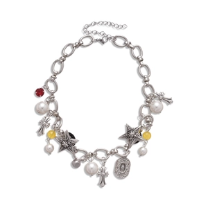 Vintage silver chain necklace with cross and star pendants featuring pearls and crystals