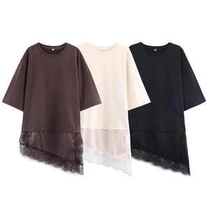 T-Shirt Donna Patchwork Pizzo Orlo Asimmetrico Oversized Maniche Corte Girocollo Casual Streetwear
