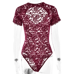 Close-up of intricate lace pattern on the back of a wine red short sleeve bodysuit