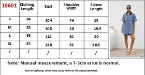 Size chart detail for denim shirt dress including chest, shoulder and length measurements