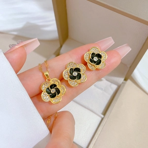 Camellia Flower Necklace And Earrings Titanium Steel Chain Copper Pendant Silver Earring Post Zircon Gold Plated
