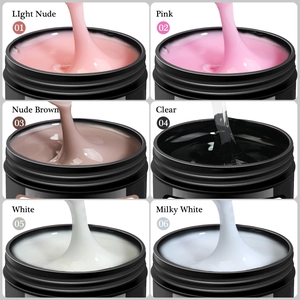 6 colors of 150g nail extension gel in jars showing viscous texture and smooth finish