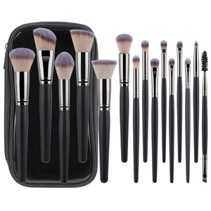 14-piece makeup brush set with black travel pouch featuring dual-tone synthetic bristles